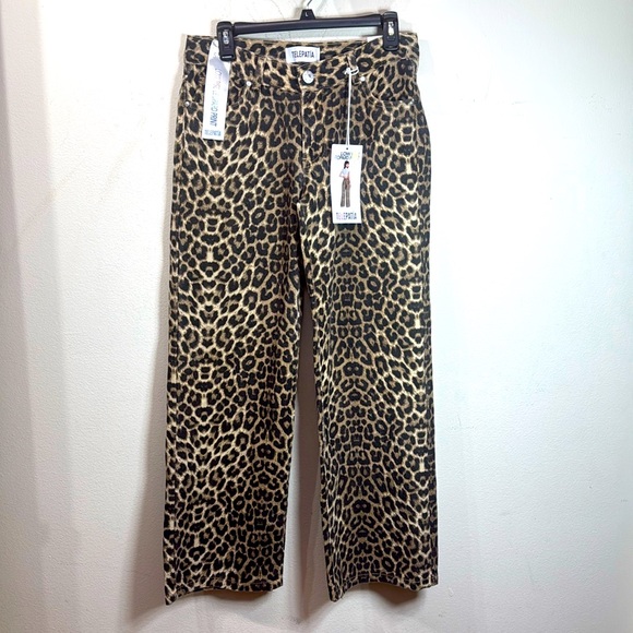 (Q) NWT TELEPATHY -Leopard Print Low Rise Wide Leg Jeans in BrownWomen's,Sz 5/27 - Picture 4 of 12